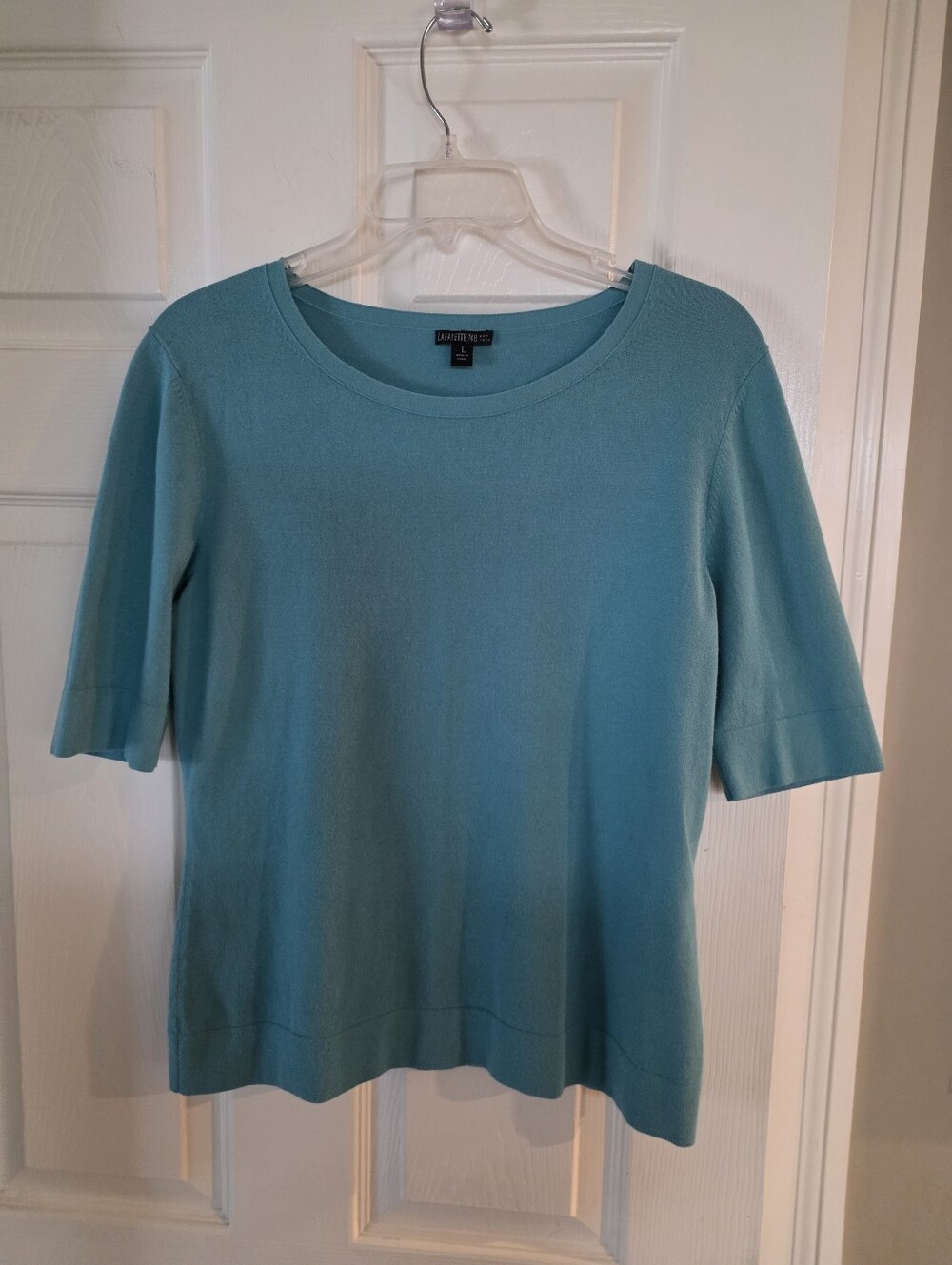 Lafayette 148 New York Aqua Short Sleeve Knit Viscose Blend Blouse Large
